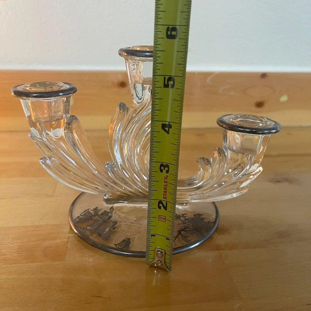 VTG Glass Candelabra Silver Tone Base Floral Etching 3‎ Arm Candlestick Holder
